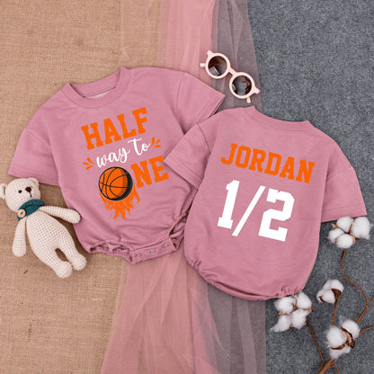 Personalized Half Birthday Basketball Romper Outfit for Infant Boy featuring Playful 'HALF way to ONE' Orange Black Design comfortable