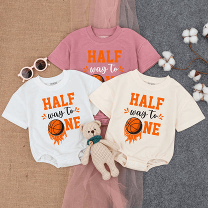 Personalized Half Birthday Basketball Romper Outfit for Infant Boy featuring Playful 'HALF way to ONE' Orange Black Design comfortable