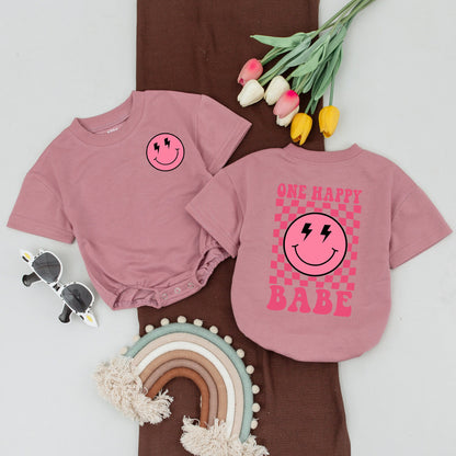 Pink Smiley Face One Happy Babe 1st Birthday Shirts Matching Family Outfits Retro Checkered Mommy and Me Baby Bodysuits Toddler Tees
