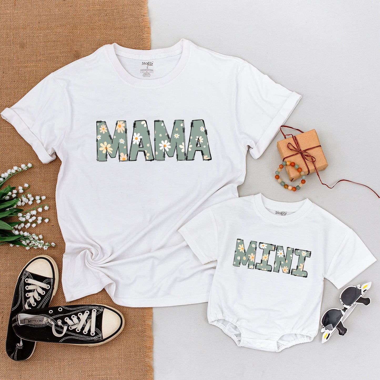 Mama and Mini Daisy Matching Mom and Baby Shirts Bodysuit Set Floral Birthday Party Outfits Muted Green Peach Accents