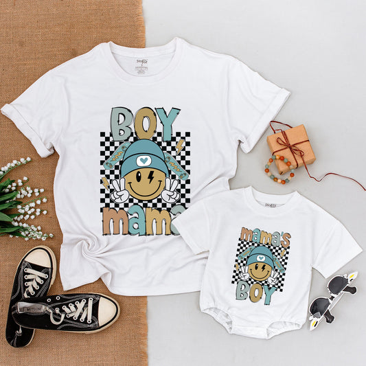 Boy Mama and Baby Boy Matching Outfits Mommy and Me Son Shirts Soft Cotton Comfortable New Mom Gift Smiley Mama Mini