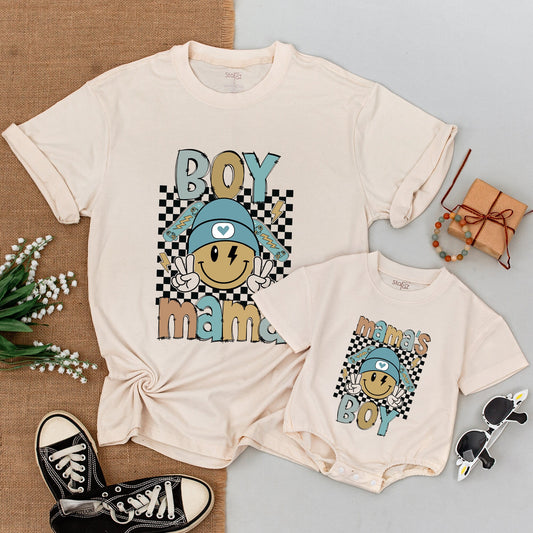 Boy Mama and Baby Boy Matching Outfits Mommy and Me Son Shirts Soft Cotton Comfortable New Mom Gift Smiley Mama Mini