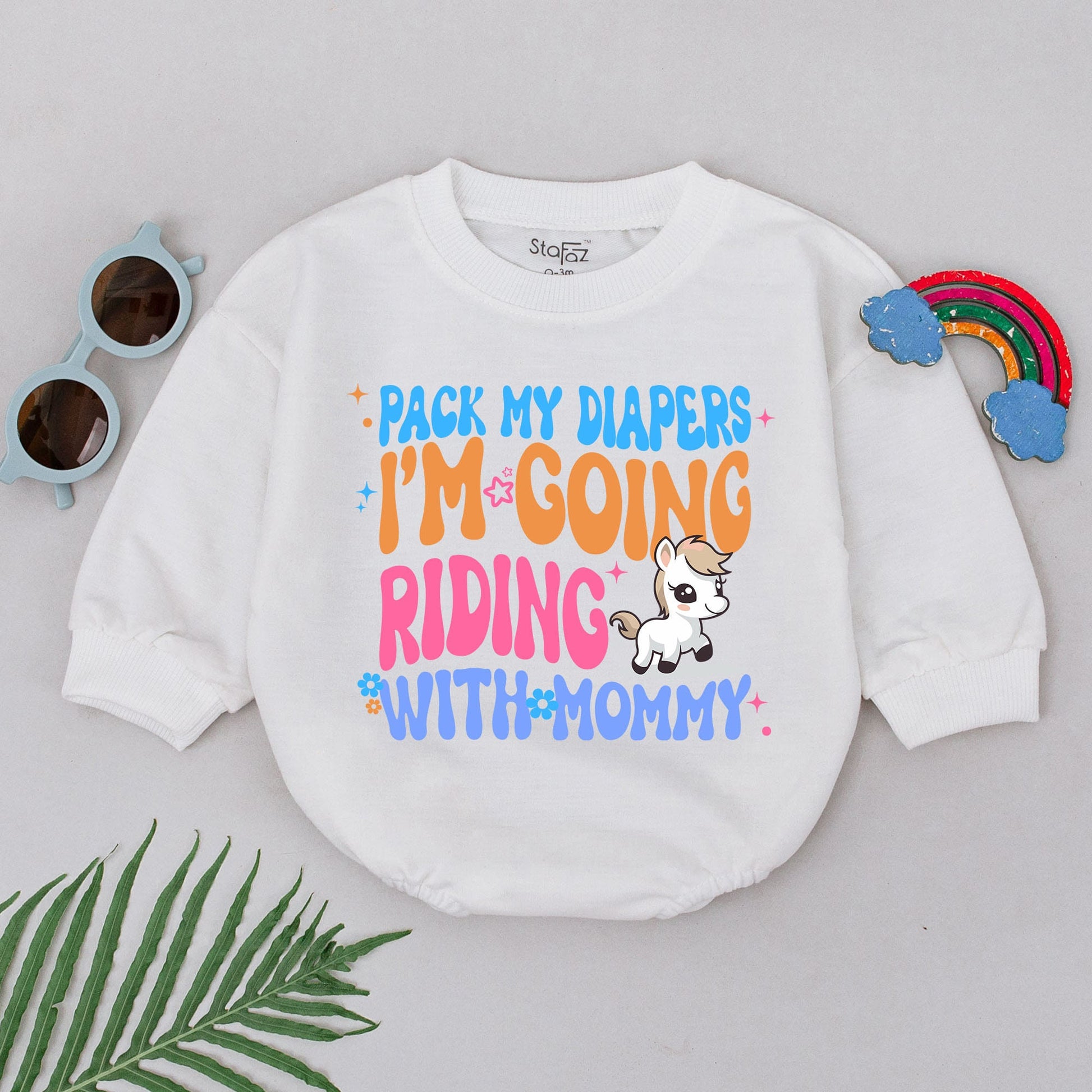 Pack My Diapers Riding With Mommy Baby Romper, Horseback Riding Outfit, Newborn Gift, Girl Equestrian Design, Pink, Blue, Orange, Flower Accents (139)