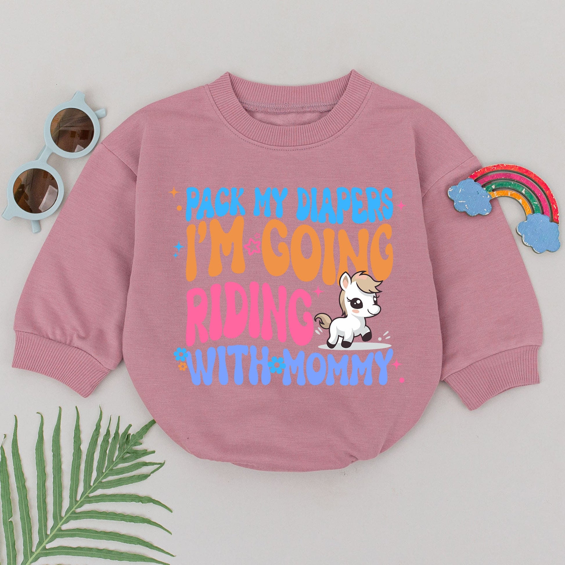 Pack My Diapers Riding With Mommy Baby Romper, Horseback Riding Outfit, Newborn Gift, Girl Equestrian Design, Pink, Blue, Orange, Flower Accents (139)