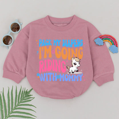 Pack My Diapers Riding With Mommy Baby Romper, Horseback Riding Outfit, Newborn Gift, Girl Equestrian Design, Pink, Blue, Orange, Flower Accents (139)