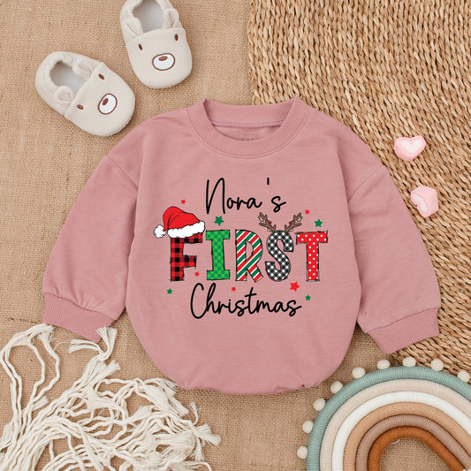 Custom My First Christmas Baby Romper Playful Plaid Striped Oversized Long Sleeve Bodysuit Red Green Cozy Newborn Girl Outfit