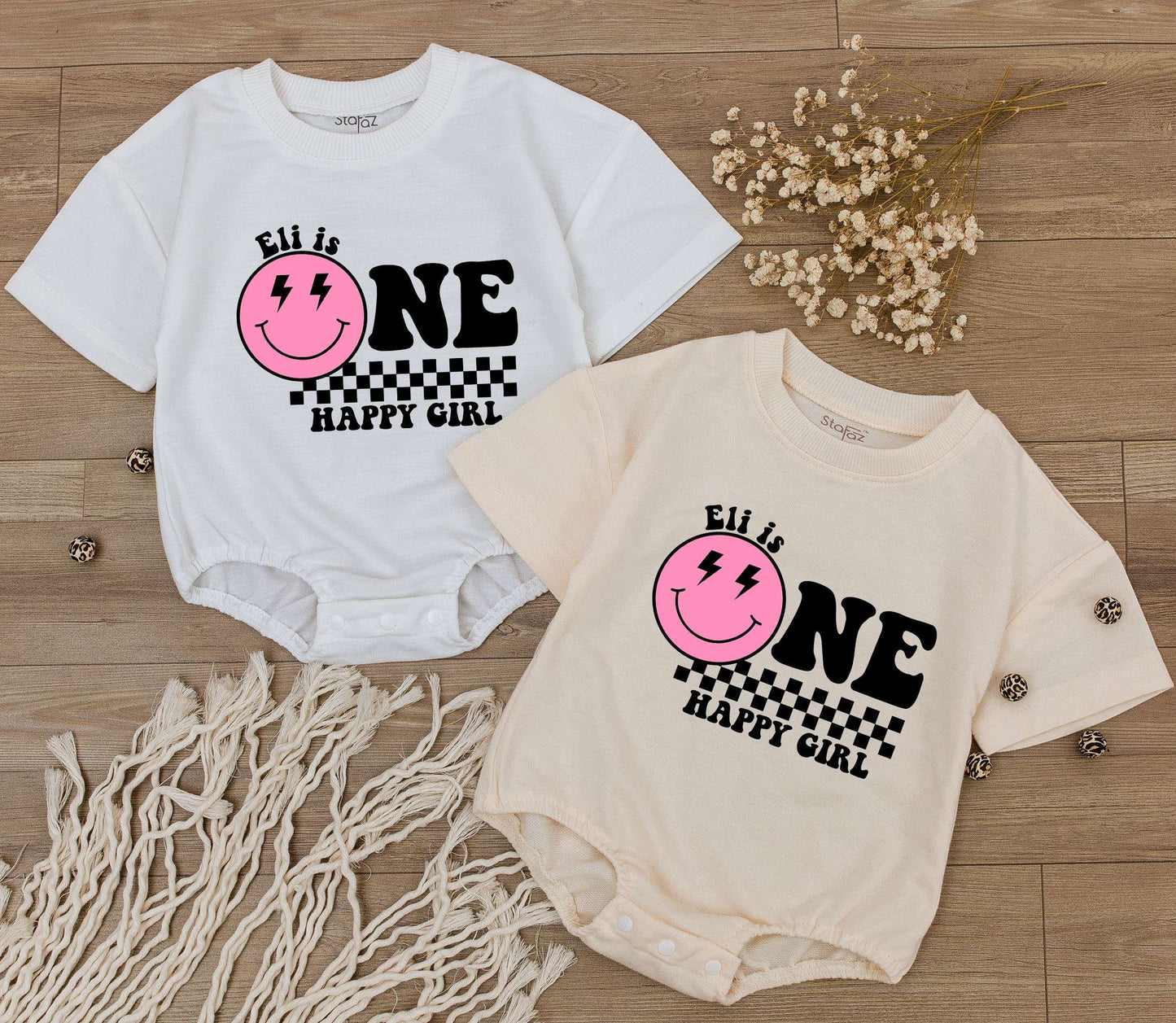 Personalized One Happy Girl First Birthday Bodysuit Pink Smiley Face Lightning Eyes Checkered Print Baby Toddler Outfit