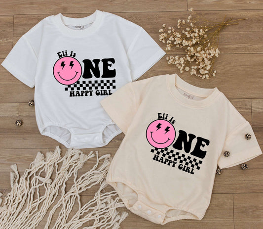 Personalized One Happy Girl First Birthday Bodysuit Pink Smiley Face Lightning Eyes Checkered Print Baby Toddler Outfit