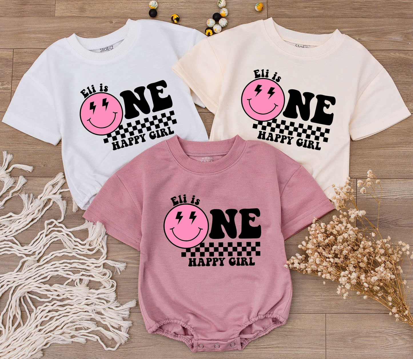 Personalized One Happy Girl First Birthday Bodysuit Pink Smiley Face Lightning Eyes Checkered Print Baby Toddler Outfit
