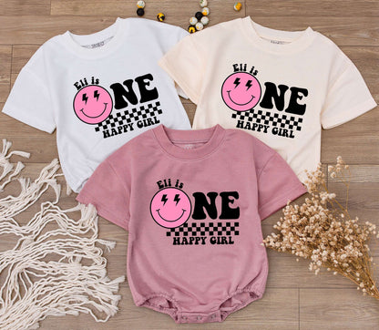 Personalized One Happy Girl First Birthday Bodysuit Pink Smiley Face Lightning Eyes Checkered Print Baby Toddler Outfit