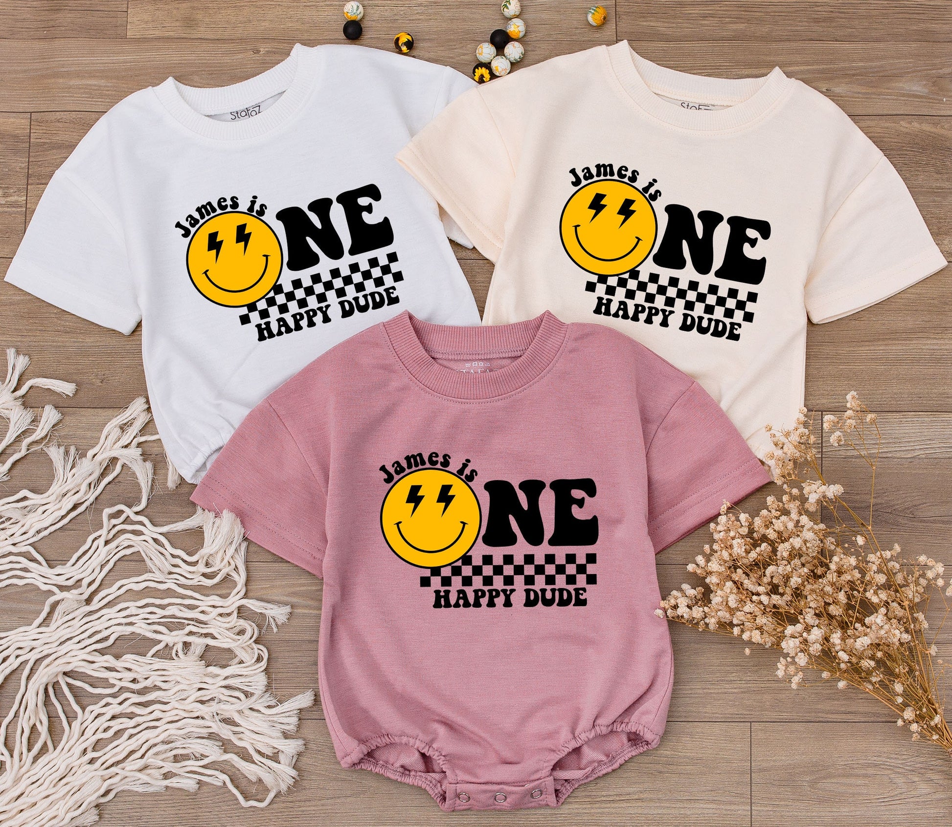 James/Lyla is ONE Happy Dude Birthday Bodysuit Yellow Smiley Face Lightning Eyes Checkerboard Retro Vintage Baby Clothes First Birthday Gift