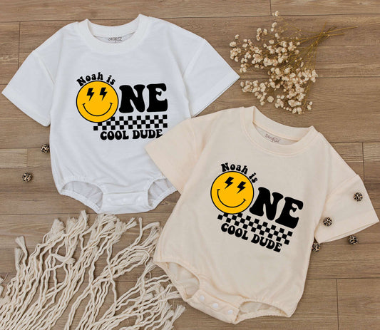 Custom One Cool Dude 1st Birthday Bodysuit Smiley Face Retro Design Outfit for Toddler Boy Celebration Gift with Lightning Bolts
