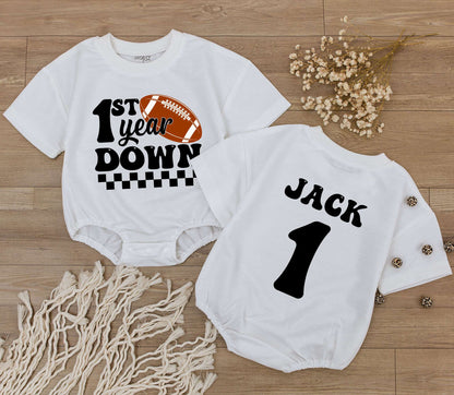 Personalized Football 1st Year Down Retro Checkered Baby Boy First Birthday Bodysuit for Family Matching Game Day Outfit with Child's Name