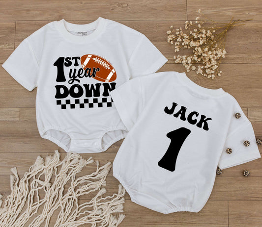 Personalized Football 1st Year Down Retro Checkered Baby Boy First Birthday Bodysuit for Family Matching Game Day Outfit with Child's Name