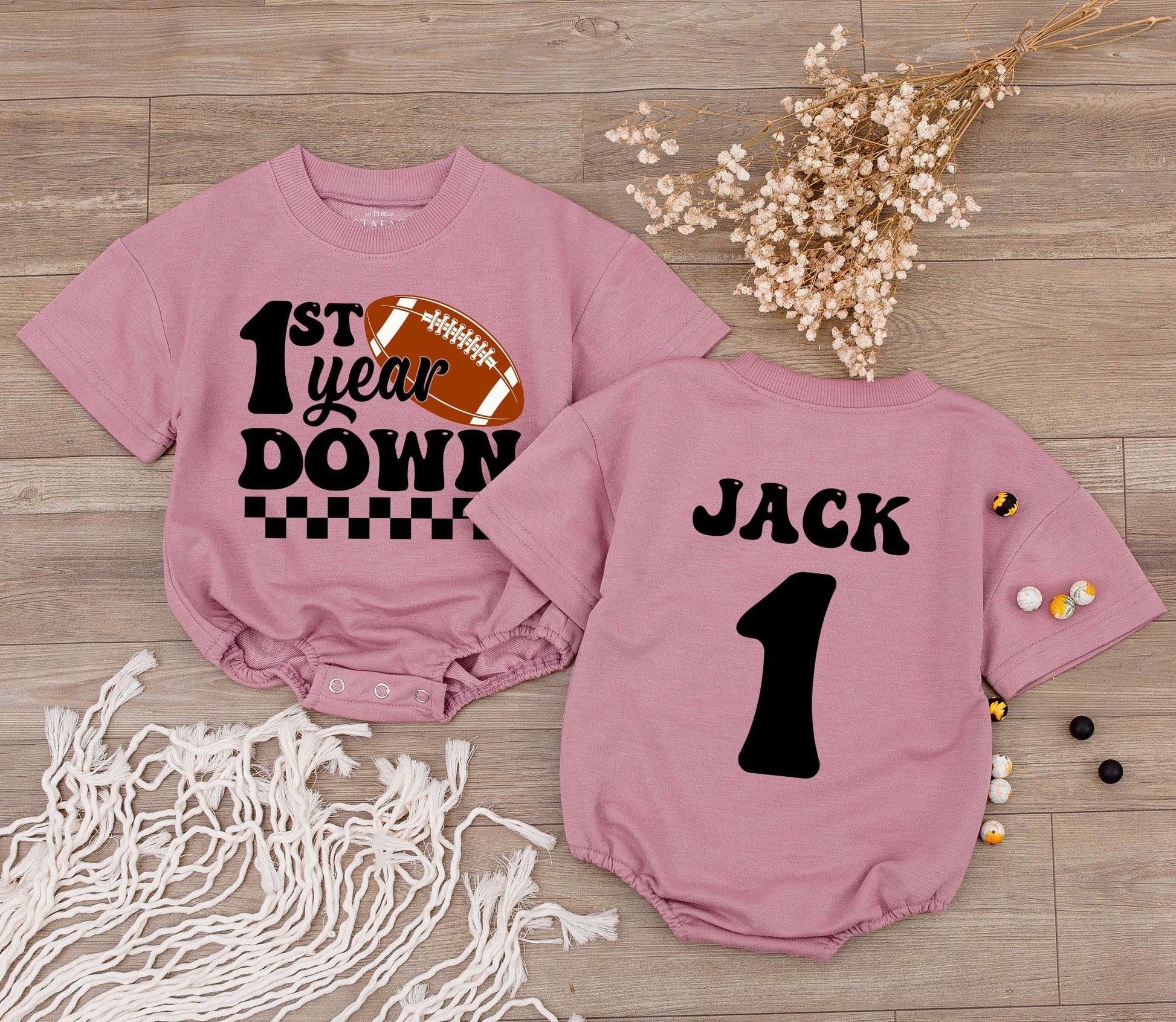 Personalized Football 1st Year Down Retro Checkered Baby Boy First Birthday Bodysuit for Family Matching Game Day Outfit with Child's Name