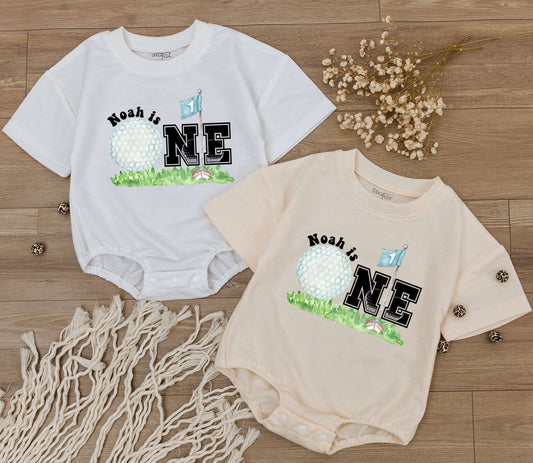 Personalized Golf Hole in One First Birthday Romper for Baby Boy Girl Playful Watercolor Golf Ball Flag One Outfit Custom Name