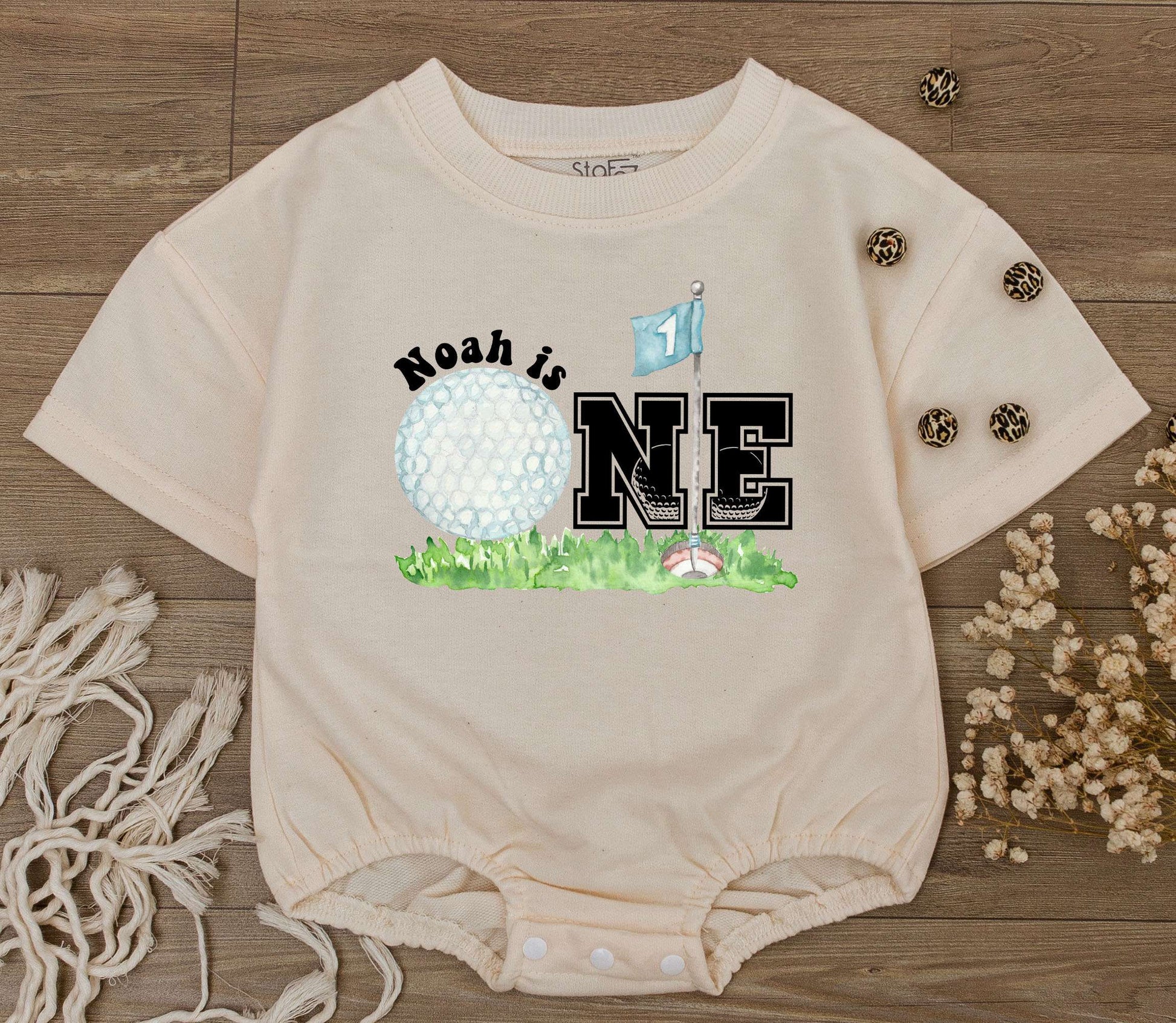 Personalized Golf Hole in One First Birthday Romper for Baby Boy Girl Playful Watercolor Golf Ball Flag One Outfit Custom Name