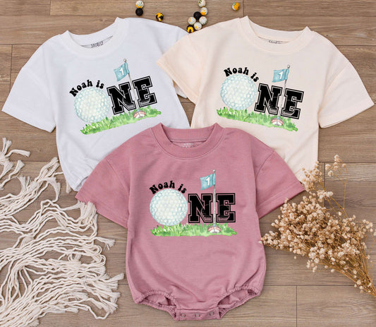 Personalized Golf Hole in One First Birthday Romper for Baby Boy Girl Playful Watercolor Golf Ball Flag One Outfit Custom Name