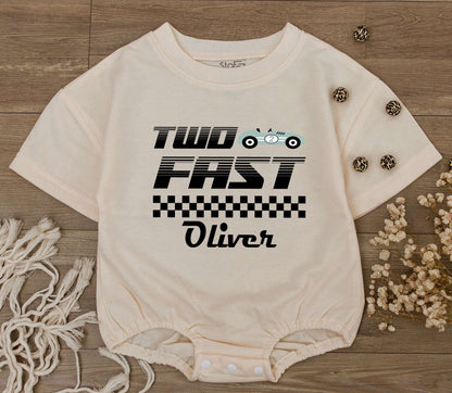Custom Two Fast Race Car Birthday Baby Boy Romper with Personalized Name Cute Racecar Party Bodysuit Modern Checkered Jumpsuit Kids Outfit