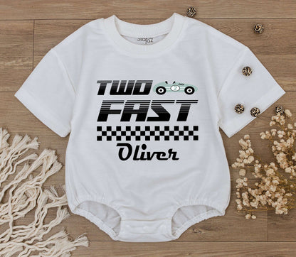 Custom Two Fast Race Car Birthday Baby Boy Romper with Personalized Name Cute Racecar Party Bodysuit Modern Checkered Jumpsuit Kids Outfit