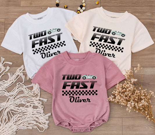 Custom Two Fast Race Car Birthday Baby Boy Romper with Personalized Name Cute Racecar Party Bodysuit Modern Checkered Jumpsuit Kids Outfit