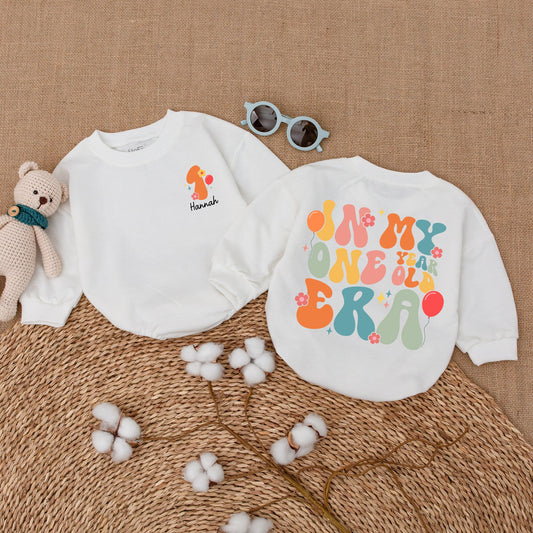 Personalized In My One Year Old Era Retro Bright Floral Girl Romper First Birthday Baby Bodysuit Smash Cake Celebration Outfit with Balloon