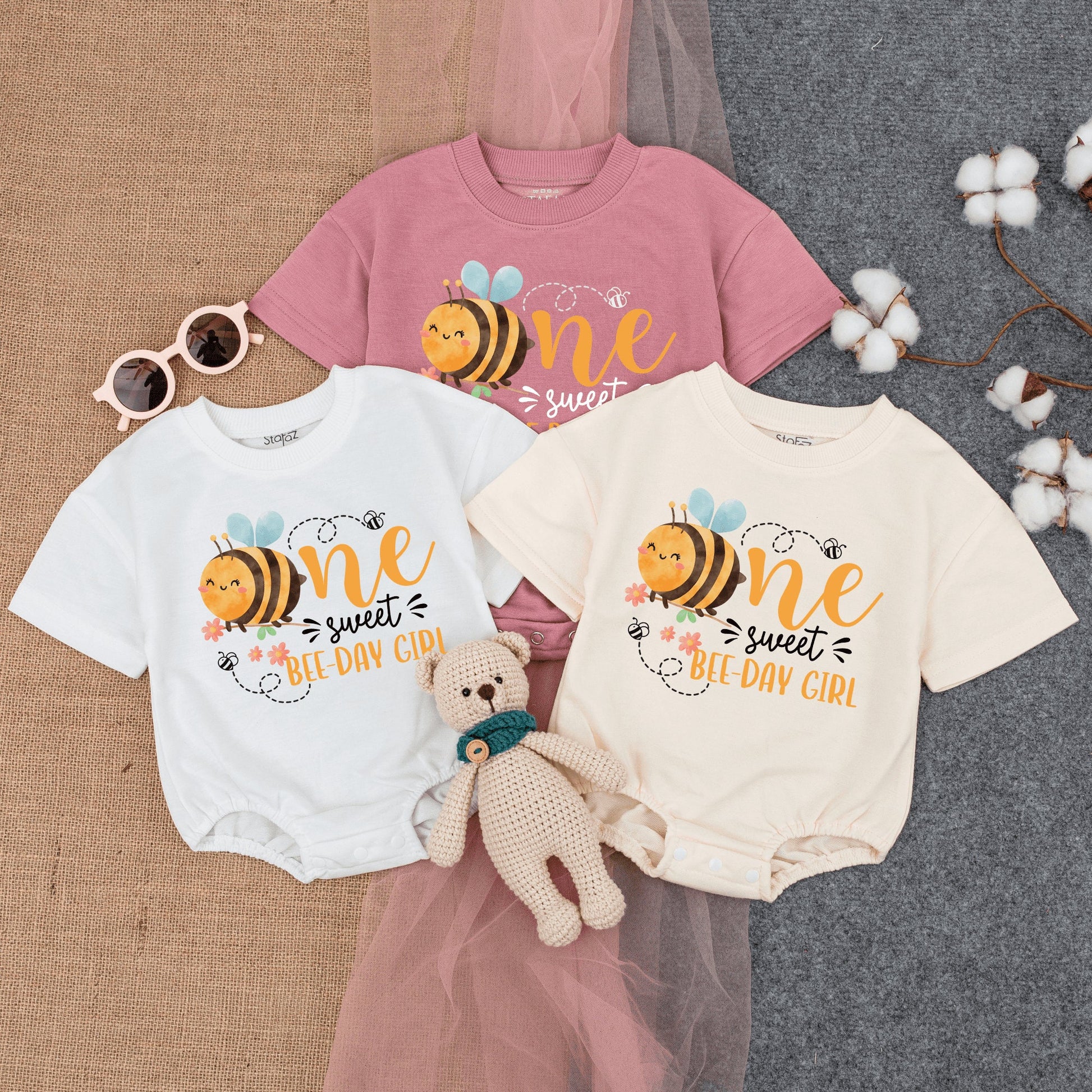 Personalized One Sweet BEE-DAY GIRL Romper First Birthday Bumble Bee Outfit with Name and First Number Cute Honey Bee Baby Bodysuit