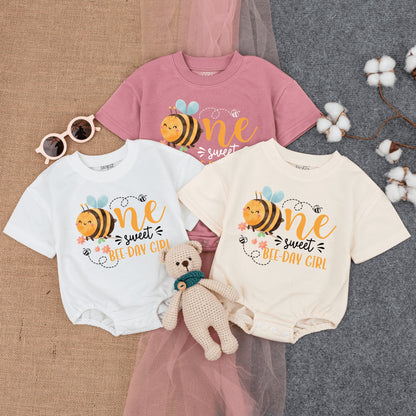 Personalized One Sweet BEE-DAY GIRL Romper First Birthday Bumble Bee Outfit with Name and First Number Cute Honey Bee Baby Bodysuit