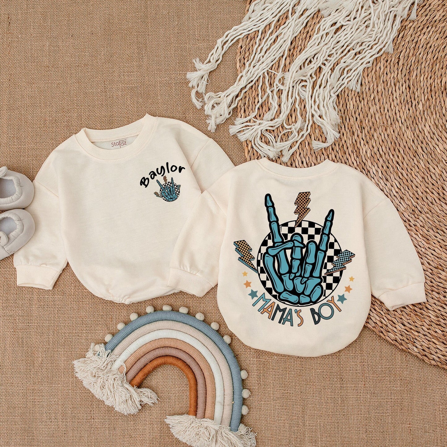 Mama's Boy Rock and Roll Baby Boy Romper Bodysuit Retro Skeleton Hand Design Checkered Lightning Bolt Soft Cotton Cool Infant Outfit Baby Shower Gift