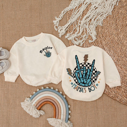 Mama's Boy Rock and Roll Baby Boy Romper Bodysuit Retro Skeleton Hand Design Checkered Lightning Bolt Soft Cotton Cool Infant Outfit Baby Shower Gift