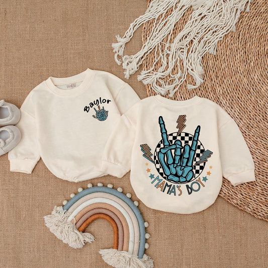 Mama's Boy Rock and Roll Baby Boy Romper Bodysuit Retro Skeleton Hand Design Checkered Lightning Bolt Soft Cotton Cool Infant Outfit Baby Shower Gift