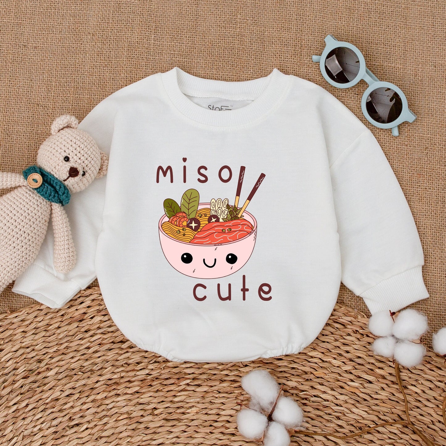Miso Cute Kawaii Miso Soup Baby Bubble Romper Newborn Outfit Gender Neutral Playful Bodysuit with Noodles Seaweed Chopsticks Colorful Cartoon Style