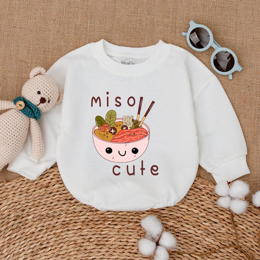 Miso Cute Kawaii Miso Soup Baby Bubble Romper Newborn Outfit Gender Neutral Playful Bodysuit with Noodles Seaweed Chopsticks Colorful Cartoon Style