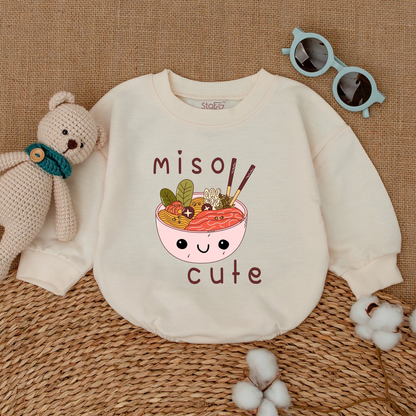 Miso Cute Kawaii Miso Soup Baby Bubble Romper Newborn Outfit Gender Neutral Playful Bodysuit with Noodles Seaweed Chopsticks Colorful Cartoon Style