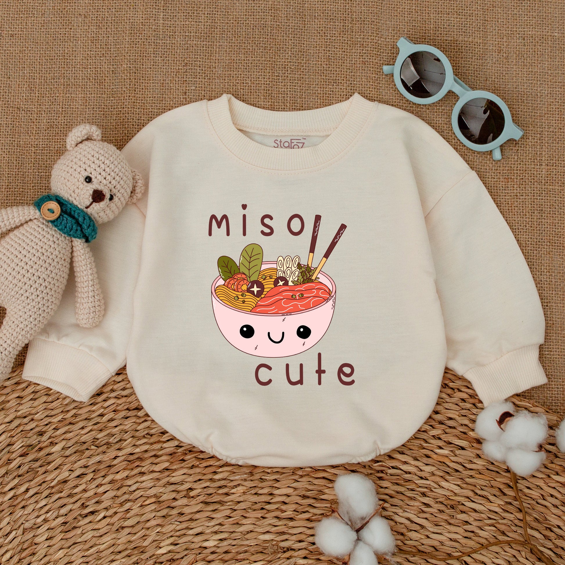 Miso Cute Kawaii Miso Soup Baby Bubble Romper Newborn Outfit Gender Neutral Playful Bodysuit with Noodles Seaweed Chopsticks Colorful Cartoon Style