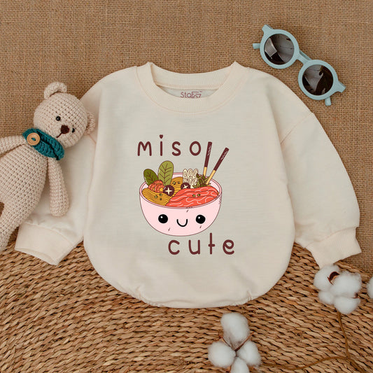 Miso Cute Kawaii Miso Soup Baby Bubble Romper Newborn Outfit Gender Neutral Playful Bodysuit with Noodles Seaweed Chopsticks Colorful Cartoon Style