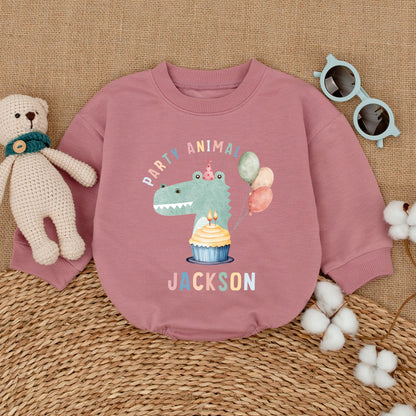 Personalized Party Animal Birthday Romper Baby Boy Crocodile Cake Smash Outfit Safari Zoo Animals Bodysuit Pastel Cartoon Design First Birthday Gift