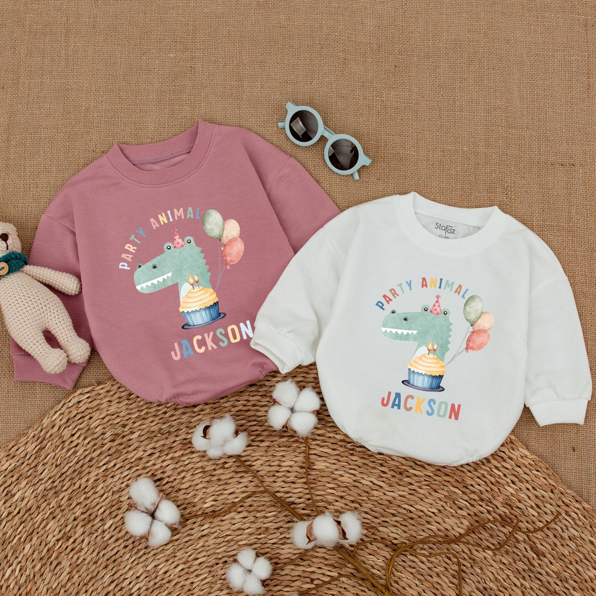 Personalized Party Animal Birthday Romper Baby Boy Crocodile Cake Smash Outfit Safari Zoo Animals Bodysuit Pastel Cartoon Design First Birthday Gift