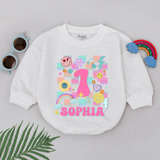Personalized Groovy First Birthday Romper Baby Girl Outfit with Pink 1 and Sophia Name Checkerboard Retro Rainbow Smiley Bubble Bodysuit Gift