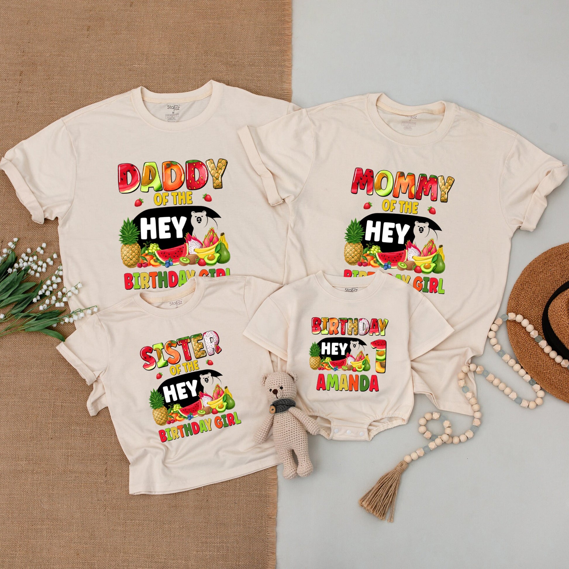 Personalized Family Matching Birthday Outfits Tropical Fruit Bear Hey Design Watermelon Pineapple Banana Party Celebration