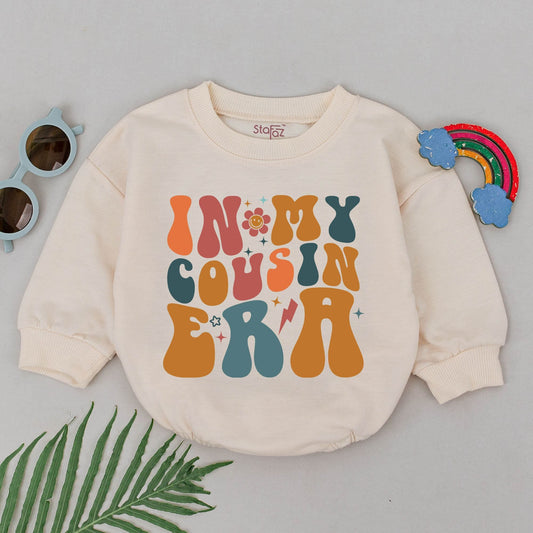 Cousin Matching In My Cousin Era Romper Groovy 70s Retro Bodysuit Orange Teal Brown Infant Baby Shower Gift Besties Playful