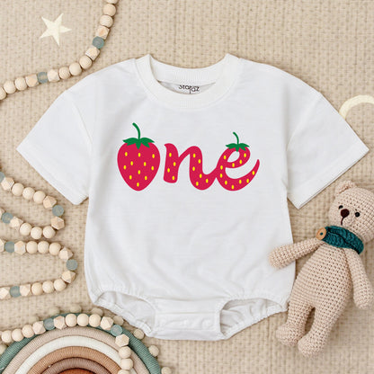 Personalized Strawberry One Baby Bubble Romper Red Berry First Birthday Outfit Sweet Playful Infant Girl Toddler Celebration Gift