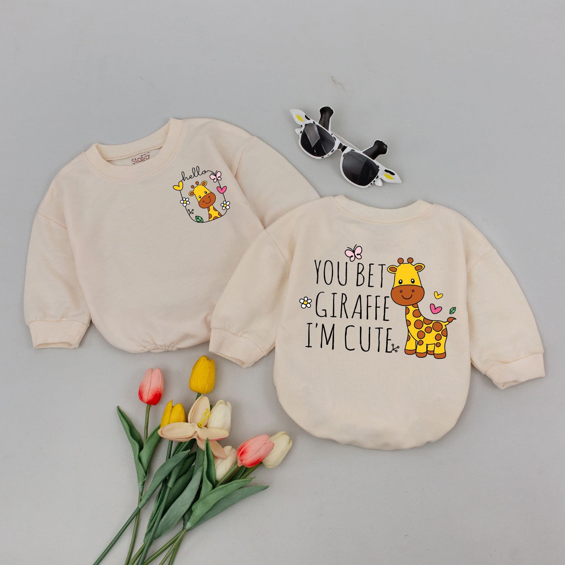 You Bet Giraffe I'm Cute Funny Baby Romper Bodysuit with Playful Cartoon Animal Design, Sweet Floral Details, Adorable Newborn Baby Shower Gift