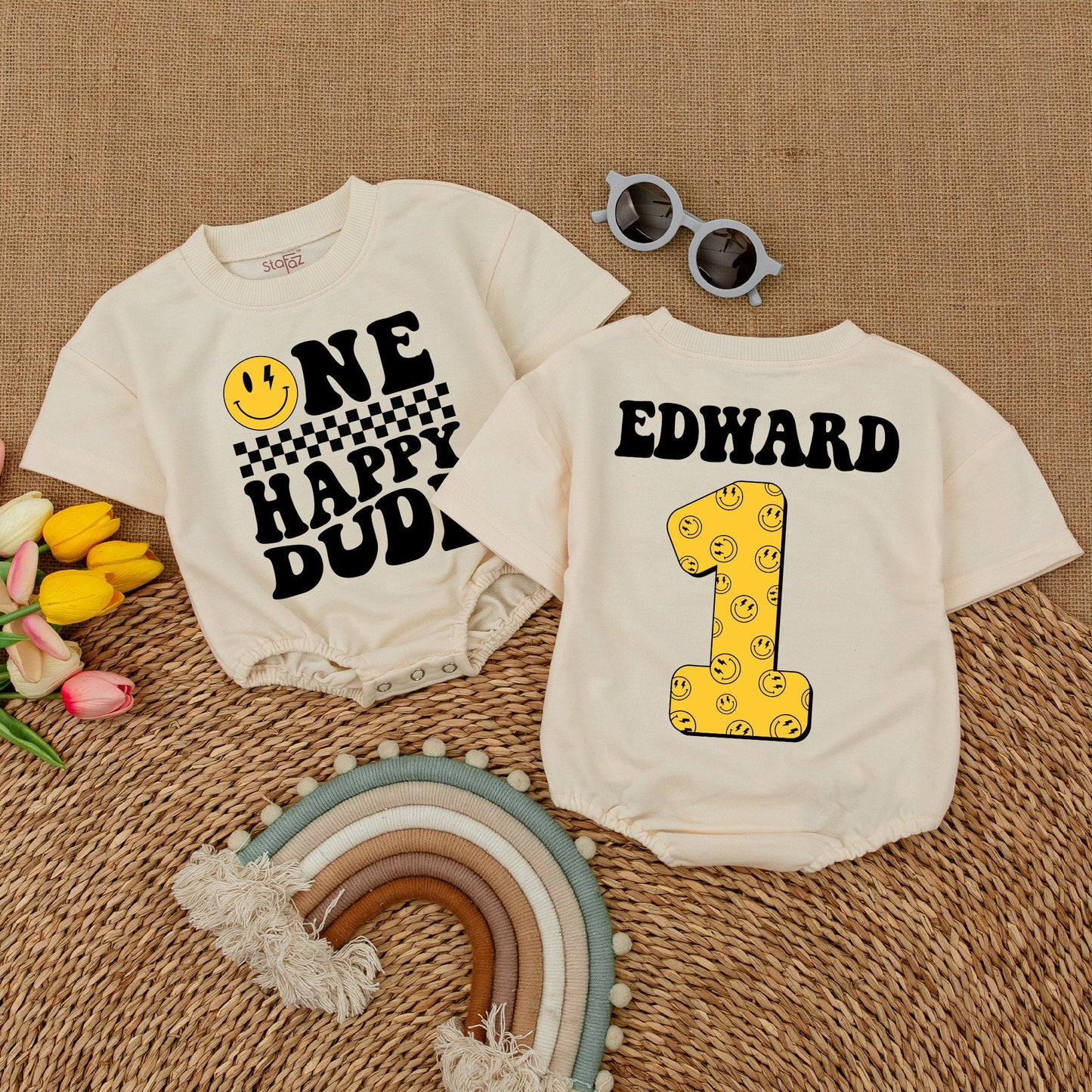 One Happy Dude Personalized Romper Smiley Face First Birthday Outfit Cool Baby Bodysuit Custom Name Cake Smash Clothes Boy Birthday Party