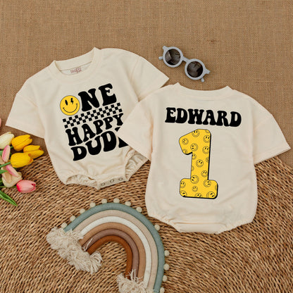 One Happy Dude Personalized Romper Smiley Face First Birthday Outfit Cool Baby Bodysuit Custom Name Cake Smash Clothes Boy Birthday Party
