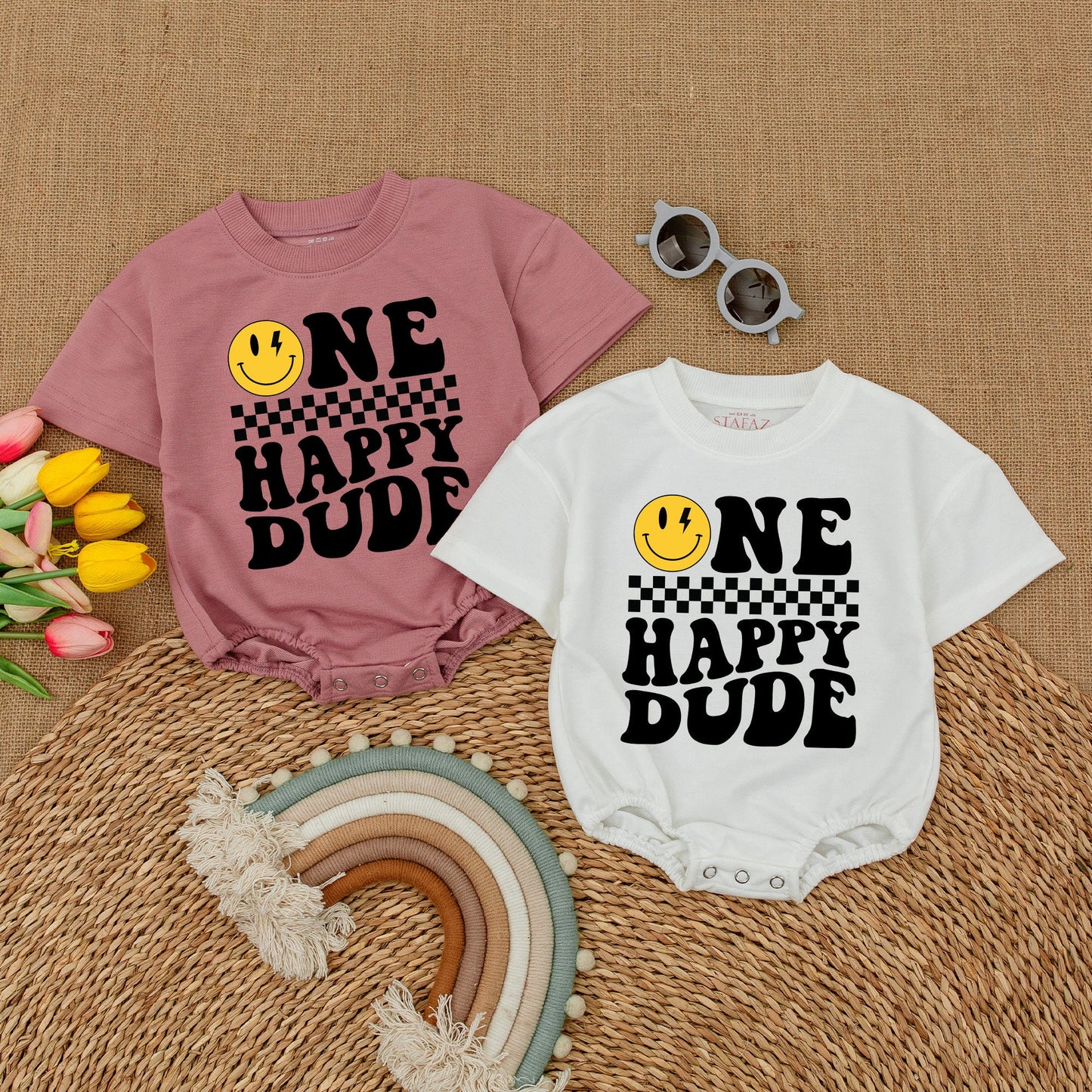 One Happy Dude Personalized Romper Smiley Face First Birthday Outfit Cool Baby Bodysuit Custom Name Cake Smash Clothes Boy Birthday Party