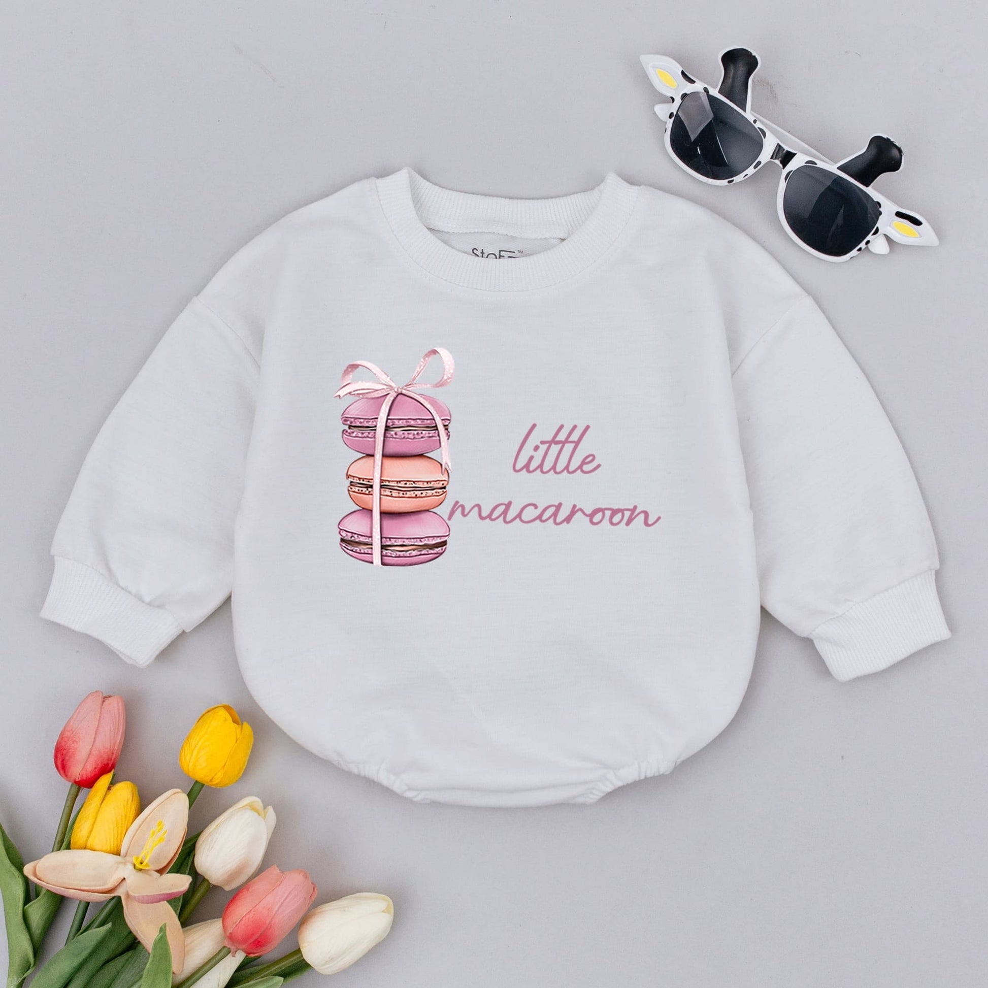Little Macaroon Baby Bodysuit Cute French Macaron Food Outfit for Infant Girls & Boys Minimalist Pink Peach Stacked Cookies with Ribbon Design Baby Shower Gift