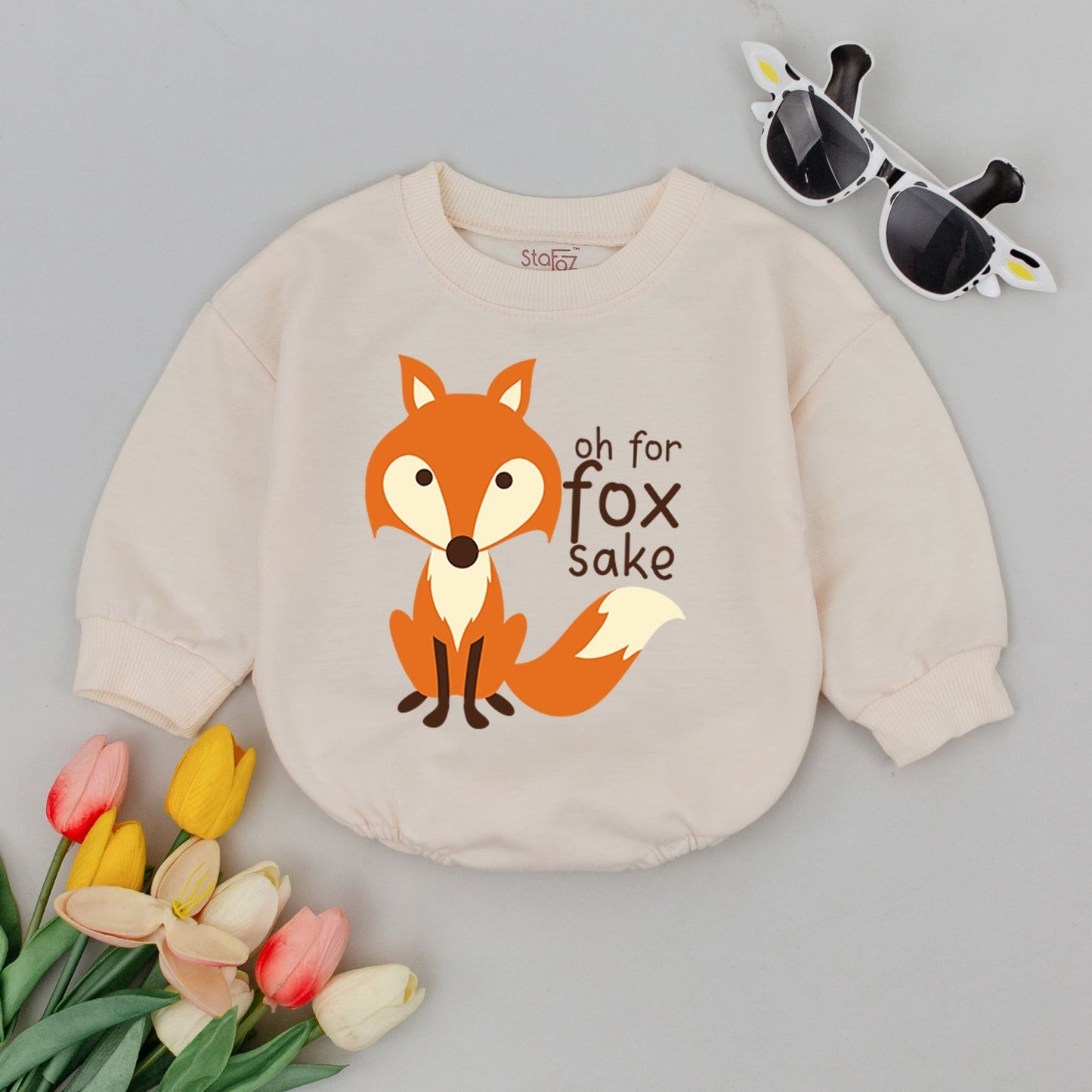 Oh For Fox Sake Baby Bodysuit with Cute Orange White Fox Graphic Funny Minimalist Infant Romper Playful Hipster Baby Shower Gift Idea