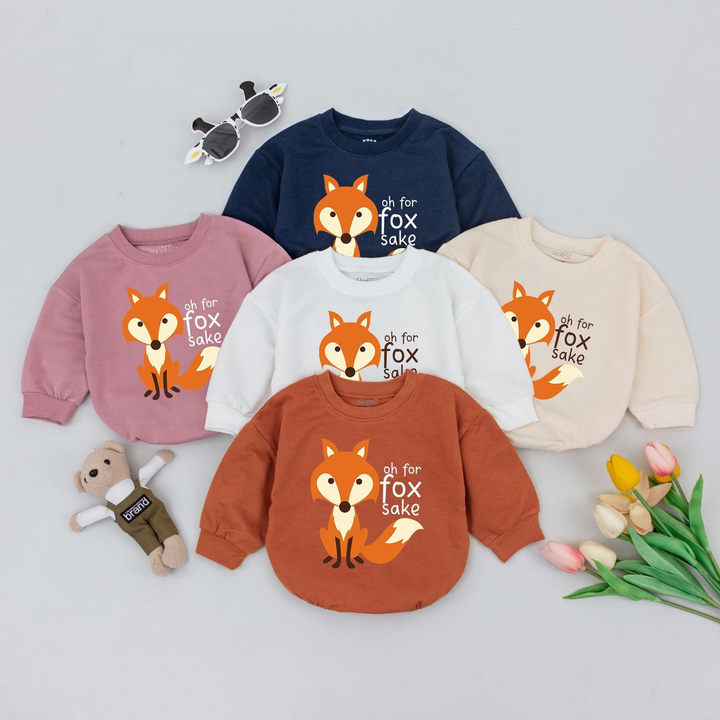 Oh For Fox Sake Baby Bodysuit with Cute Orange White Fox Graphic Funny Minimalist Infant Romper Playful Hipster Baby Shower Gift Idea
