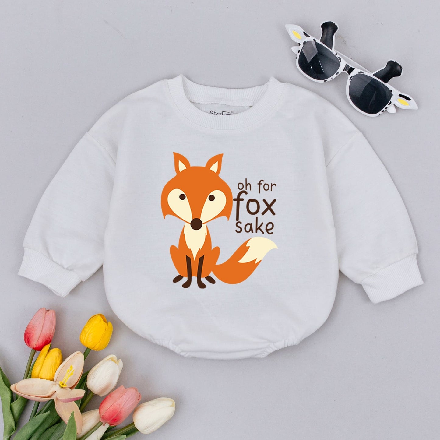Oh For Fox Sake Baby Bodysuit with Cute Orange White Fox Graphic Funny Minimalist Infant Romper Playful Hipster Baby Shower Gift Idea